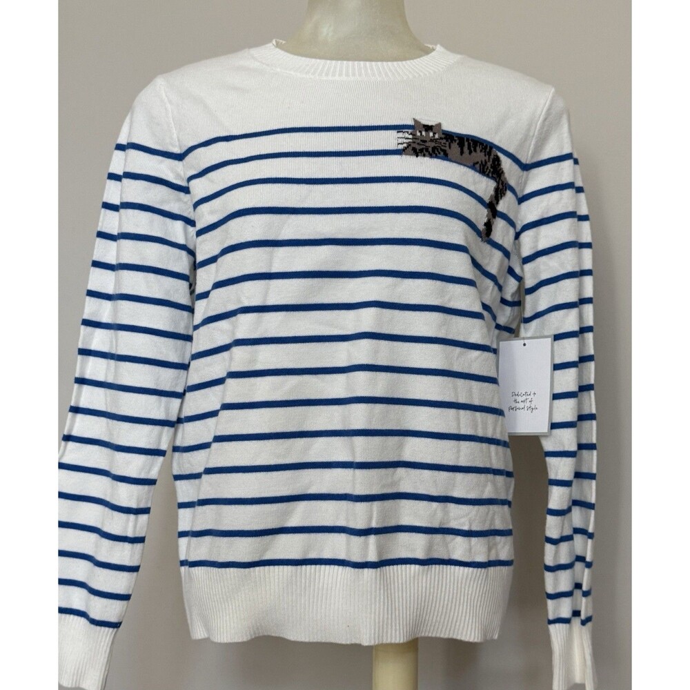NWT Anthropologie Calligraphie White Striped Cat Kitty Knit Sweater Long Slv M